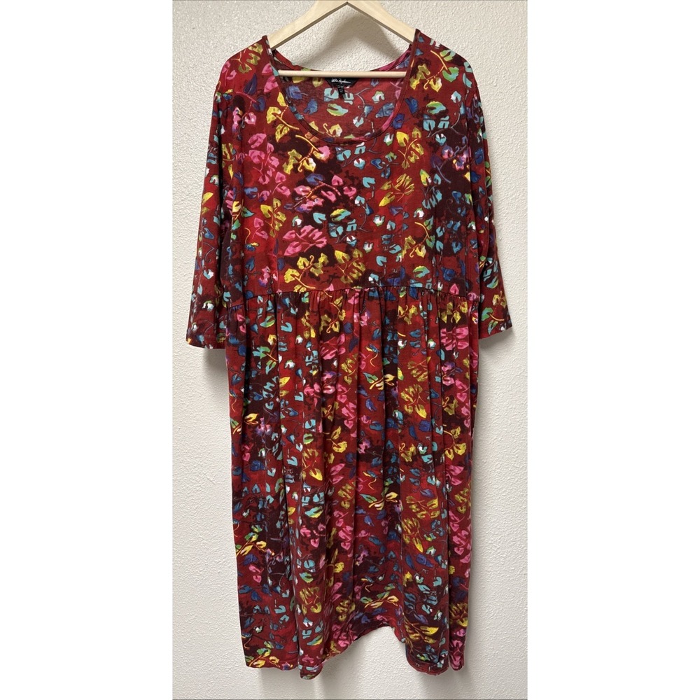 Ulla Popken Dress Womens 24 26 3/4 Sleeve Floral Cotton Midi House Comfort Soft